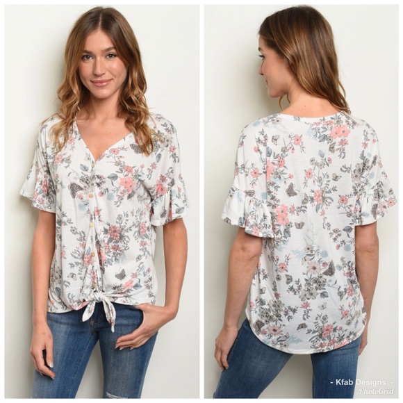 🛍LAST 1! Ruffle Sleeve Floral Tie Front Top! - Picture 5 of 6